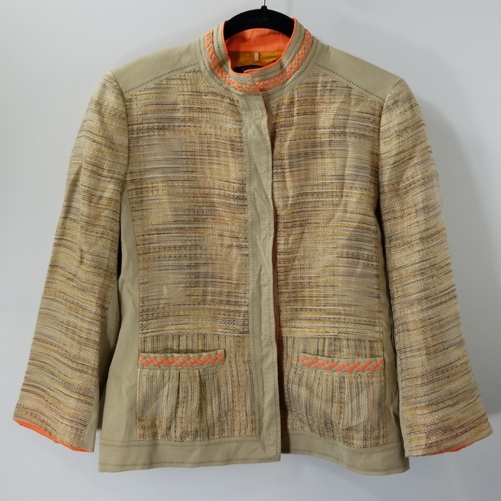 Elie Tahari Tan Tweed Button Snaps Jacket Size 8